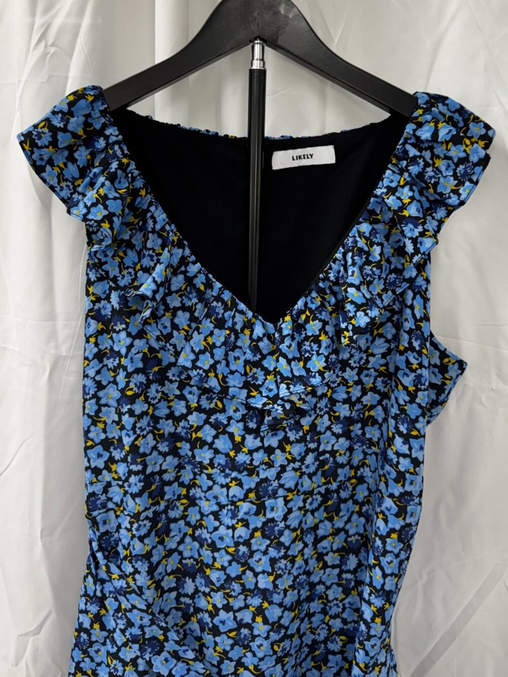 Likely Morrell Ruffled Floral Asymmetric Midi Dress Blue White Yellow Sz 6 - Picture 5 of 16